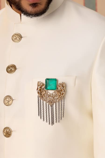 Cosa Nostraa_Gold Crystals, Chains Jadui Naginey Embellished Brooch _Online_at_Aza_Fashions