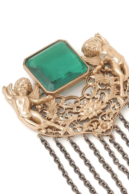 Shop_Cosa Nostraa_Gold Crystals, Chains Jadui Naginey Embellished Brooch _Online_at_Aza_Fashions
