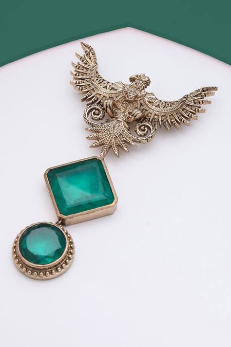 Shop_Cosa Nostraa_Gold Cut Work, Stones Jwala-e-jung Embellished Brooch_at_Aza_Fashions