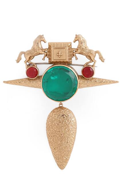 Buy_Cosa Nostraa_Gold Crystals, Stones Sawaar-e-shaan Embellished Brooch _Online_at_Aza_Fashions