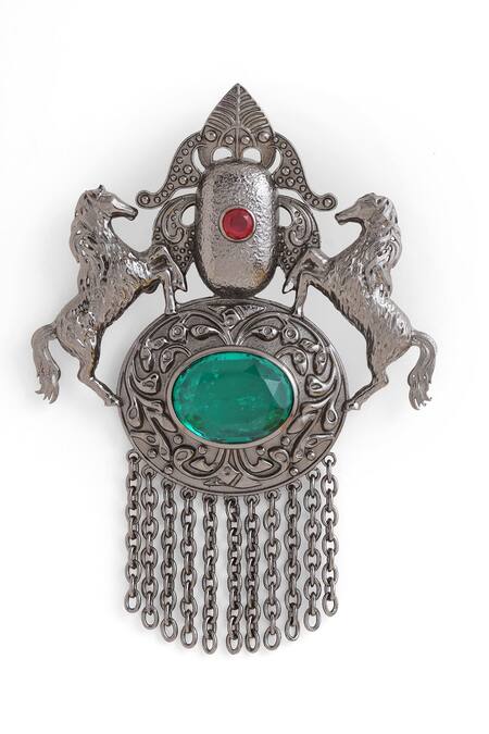 Buy_Cosa Nostraa_Grey Crystals Sawaar-e-noor Carved Work Brooch _Online_at_Aza_Fashions