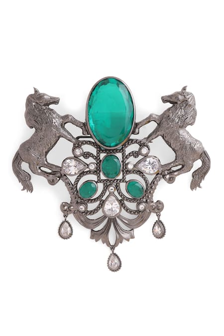 Buy_Cosa Nostraa_Grey Roshan-e-sawaar Carved Work Brooch _Online_at_Aza_Fashions