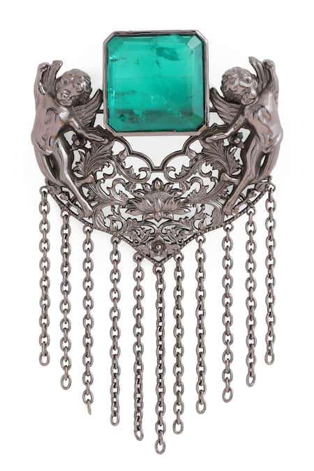 Buy_Cosa Nostraa_Grey Cut Work, Stones Jadui Naginey Carved Brooch _Online_at_Aza_Fashions