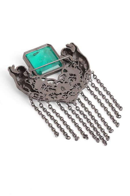 Shop_Cosa Nostraa_Grey Cut Work, Stones Jadui Naginey Carved Brooch _Online_at_Aza_Fashions