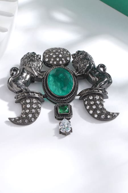 Shop_Cosa Nostraa_Grey Crystals Sher-e-khaas Carved Work Brooch _at_Aza_Fashions