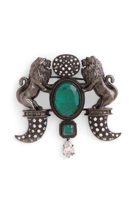 Buy_Cosa Nostraa_Grey Crystals Sher-e-khaas Carved Work Brooch _Online_at_Aza_Fashions