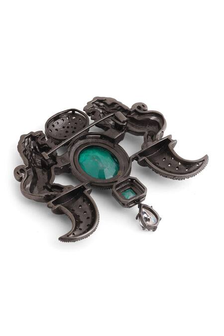 Shop_Cosa Nostraa_Grey Crystals Sher-e-khaas Carved Work Brooch _Online_at_Aza_Fashions