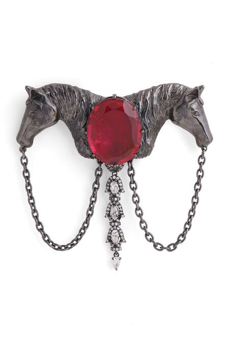 Buy_Cosa Nostraa_Grey Crystals, Chains Shaahi Sawaar Carved Work Brooch _Online_at_Aza_Fashions