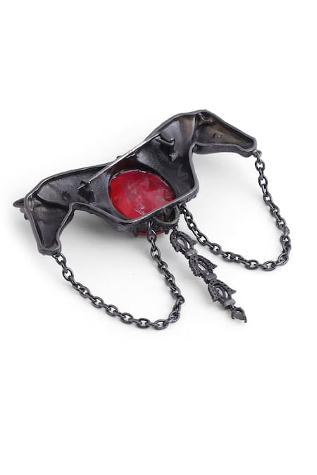 Shop_Cosa Nostraa_Grey Crystals, Chains Shaahi Sawaar Carved Work Brooch _Online_at_Aza_Fashions