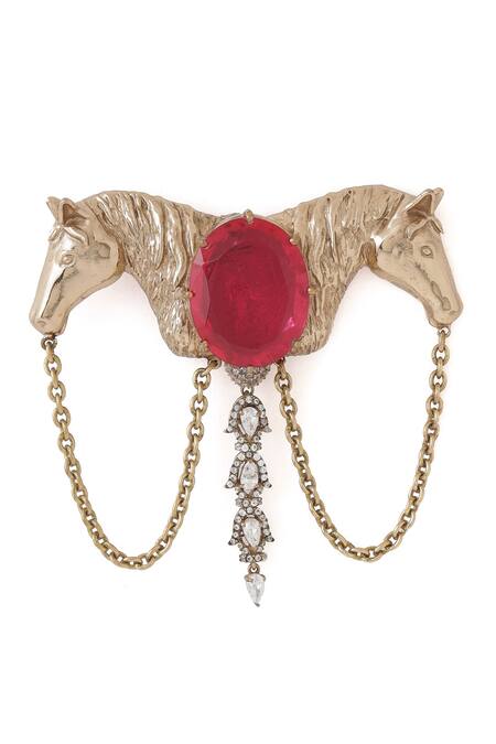 Shop_Cosa Nostraa_Gold Crystals Shaahi Sawaar Glass Stone Embellished Brooch _Online_at_Aza_Fashions