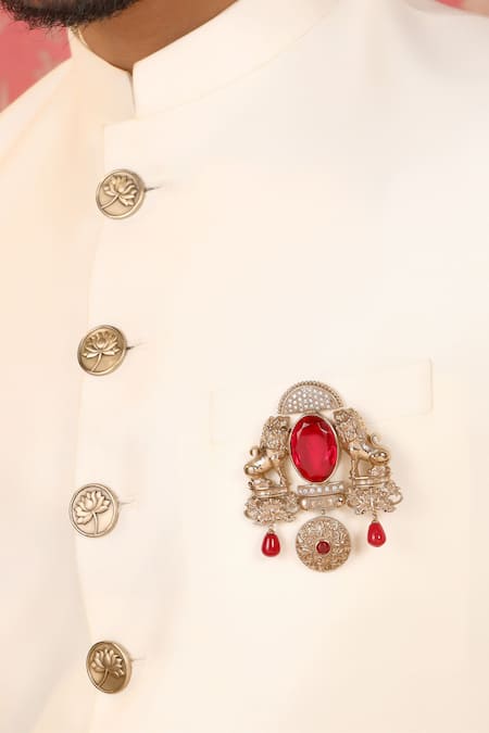 Buy_Cosa Nostraa_Gold Crystals, Diamonds Sher-e-khaas Stone Embellished Brooch _Online_at_Aza_Fashions