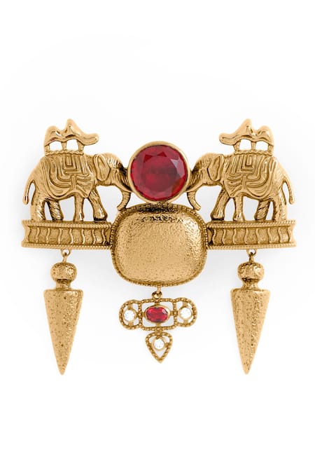 Buy_Cosa Nostraa_Gold Crystals Jungi Haathi Embellished Brooch _Online_at_Aza_Fashions