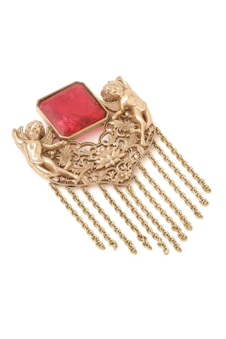 Shop_Cosa Nostraa_Gold Crystals, Chains Jadui Naginey Glass Stone Embellished Brooch _Online_at_Aza_Fashions
