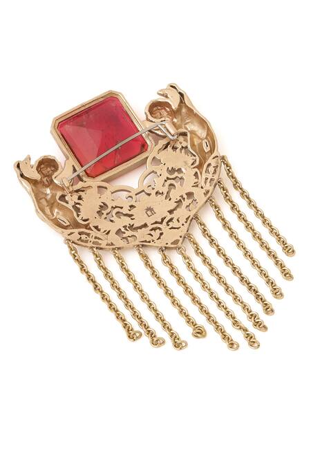 Cosa Nostraa_Gold Crystals, Chains Jadui Naginey Glass Stone Embellished Brooch _at_Aza_Fashions