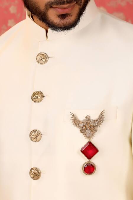 Cosa Nostraa_Gold Crystals, Diamonds Jwala-e-jung Glass Stone Embellished Brooch _Online_at_Aza_Fashions