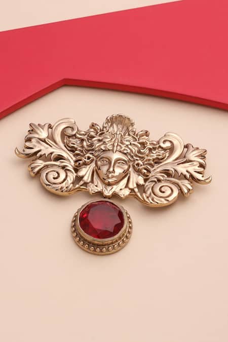 Shop_Cosa Nostraa_Gold Crystals, Stones Medusa Glass Embellished Brooch _at_Aza_Fashions