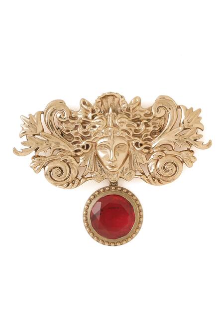 Cosa Nostraa_Gold Crystals, Stones Medusa Glass Embellished Brooch _Online_at_Aza_Fashions
