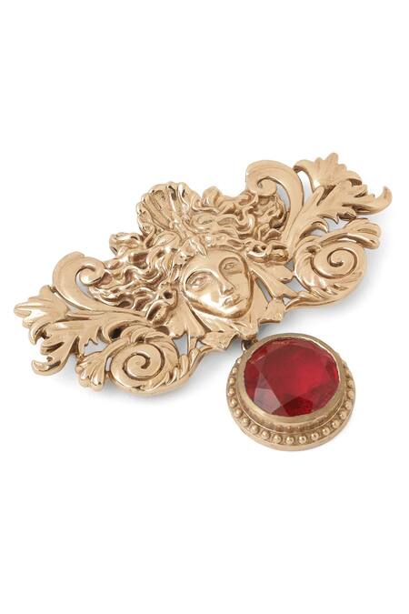 Buy_Cosa Nostraa_Gold Crystals, Stones Medusa Glass Embellished Brooch _Online_at_Aza_Fashions