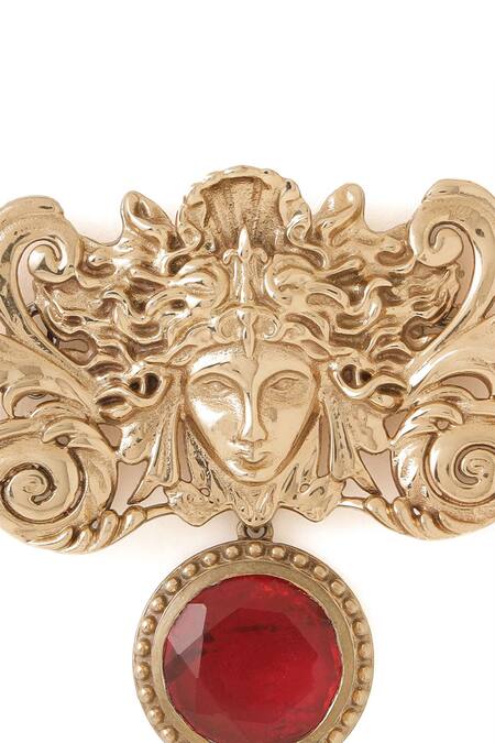 Shop_Cosa Nostraa_Gold Crystals, Stones Medusa Glass Embellished Brooch _Online_at_Aza_Fashions
