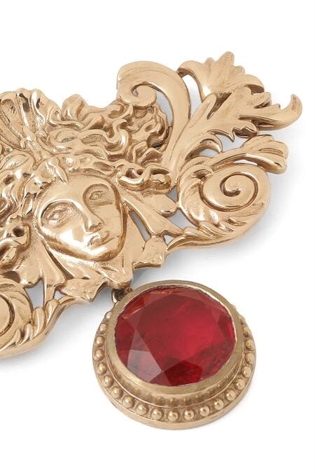 Cosa Nostraa_Gold Crystals, Stones Medusa Glass Embellished Brooch _at_Aza_Fashions