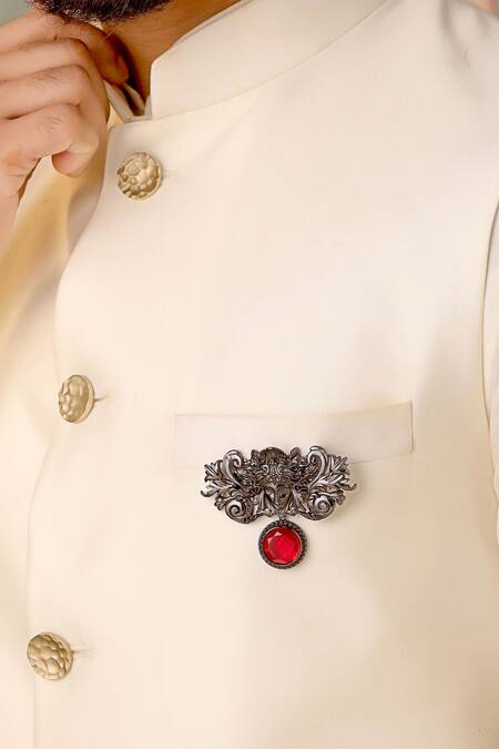 Cosa Nostraa_Grey Crystals, Stones Medusa Carved Embellished Brooch _Online_at_Aza_Fashions