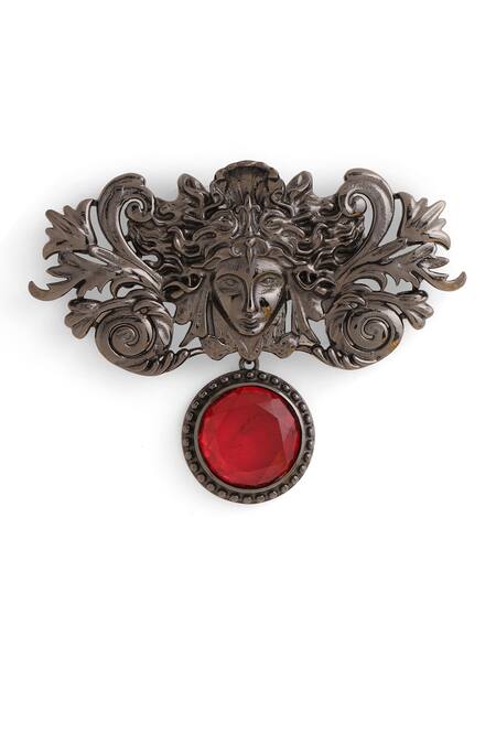 Buy_Cosa Nostraa_Grey Crystals, Stones Medusa Carved Embellished Brooch _Online_at_Aza_Fashions