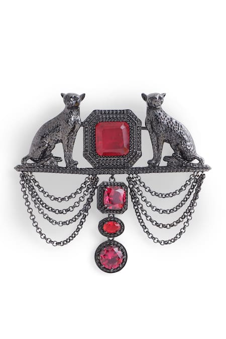 Buy_Cosa Nostraa_Grey Crystals, Chains Shaandaar Cheetah Carved Work Brooch _Online_at_Aza_Fashions