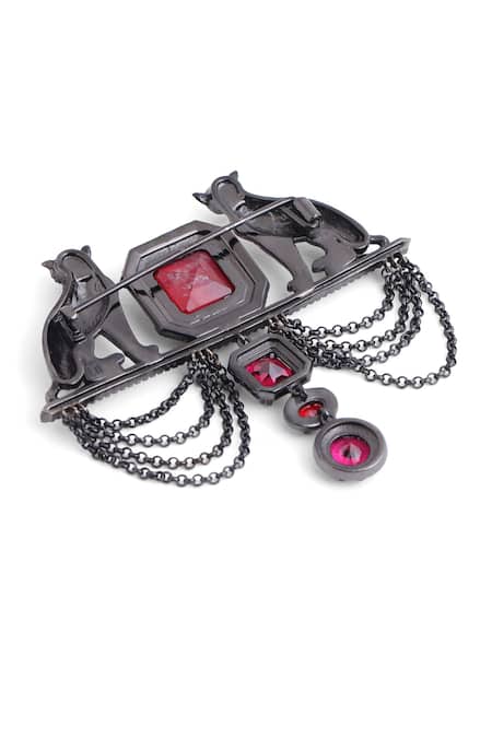 Shop_Cosa Nostraa_Grey Crystals, Chains Shaandaar Cheetah Carved Work Brooch _Online_at_Aza_Fashions