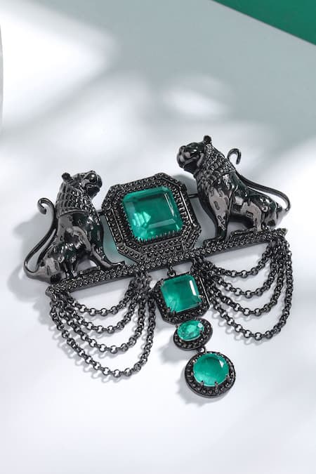 Shop_Cosa Nostraa_Grey Crystals Sher-e-shaan Embellished Brooch _at_Aza_Fashions