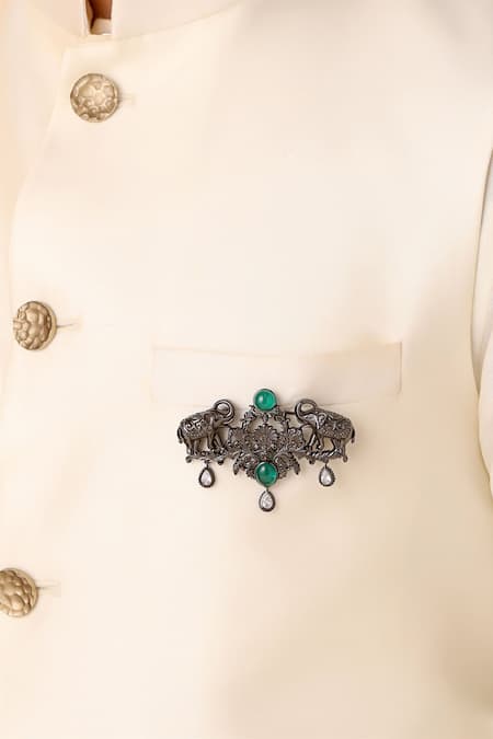 Cosa Nostraa_Grey Crystals, Diamonds Shaahi Haathi Carved Work Brooch _Online_at_Aza_Fashions