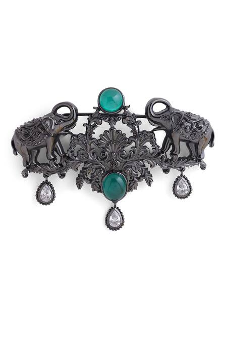 Buy_Cosa Nostraa_Grey Crystals, Diamonds Shaahi Haathi Carved Work Brooch _Online_at_Aza_Fashions