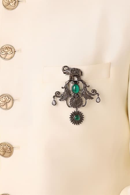 Cosa Nostraa_Grey Crystals, Stones Behtereen Haathi Carved Work Brooch _Online_at_Aza_Fashions