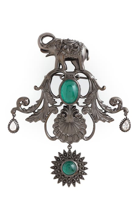 Buy_Cosa Nostraa_Grey Crystals, Stones Behtereen Haathi Carved Work Brooch _Online_at_Aza_Fashions