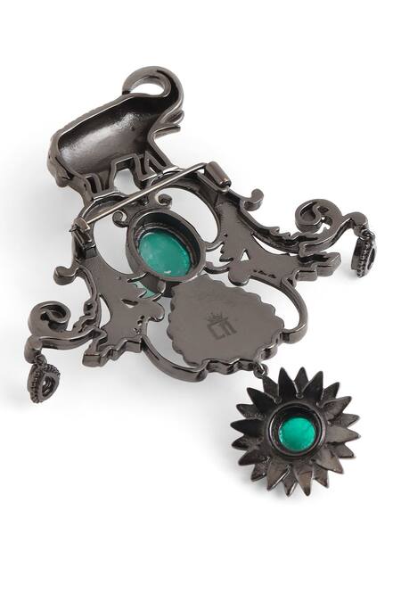 Shop_Cosa Nostraa_Grey Crystals, Stones Behtereen Haathi Carved Work Brooch _Online_at_Aza_Fashions