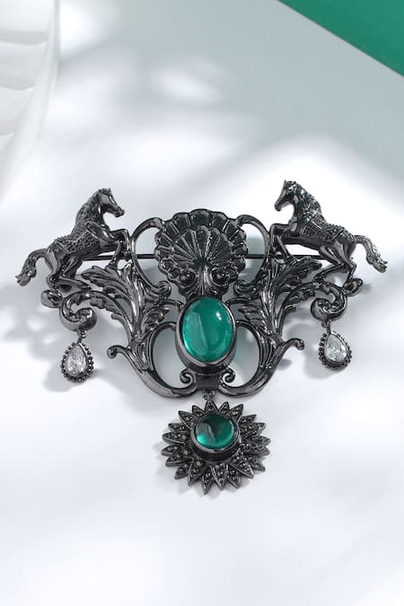 Shop_Cosa Nostraa_Grey Crystals Azim Sawaar Carved Work Brooch _at_Aza_Fashions