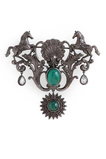 Buy_Cosa Nostraa_Grey Crystals Azim Sawaar Carved Work Brooch _Online_at_Aza_Fashions