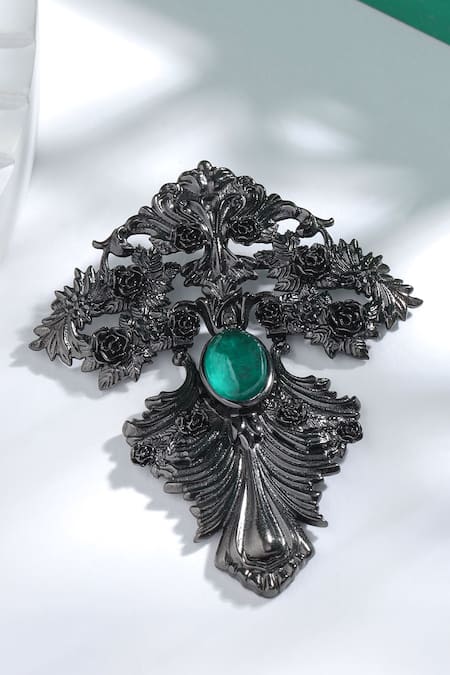 Shop_Cosa Nostraa_Grey Crystals, Diamonds Lajawaab Sabz Carved Work Brooch _at_Aza_Fashions
