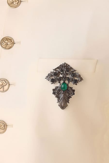 Cosa Nostraa_Grey Crystals, Diamonds Lajawaab Sabz Carved Work Brooch _Online_at_Aza_Fashions