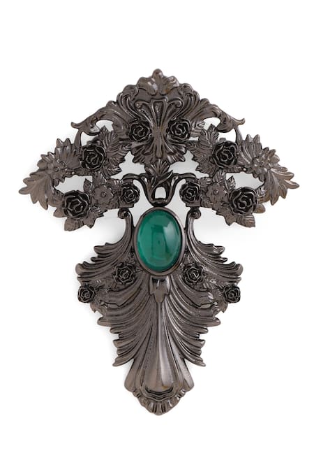 Buy_Cosa Nostraa_Grey Crystals, Diamonds Lajawaab Sabz Carved Work Brooch _Online_at_Aza_Fashions