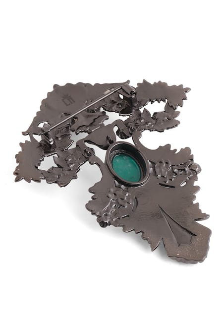 Shop_Cosa Nostraa_Grey Crystals, Diamonds Lajawaab Sabz Carved Work Brooch _Online_at_Aza_Fashions