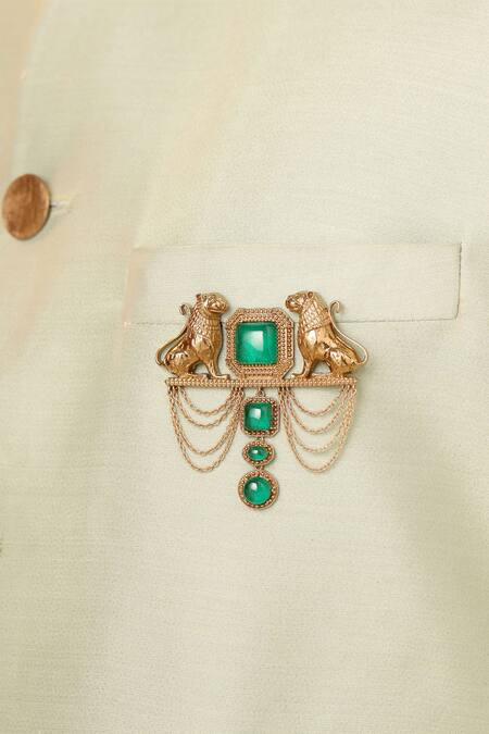 Cosa Nostraa_Gold Crystals Sher-e-shaan Carved Work Brooch _Online_at_Aza_Fashions