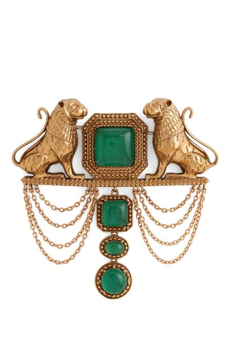 Buy_Cosa Nostraa_Gold Crystals Sher-e-shaan Carved Work Brooch _Online_at_Aza_Fashions