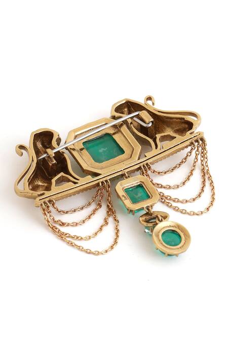 Shop_Cosa Nostraa_Gold Crystals Sher-e-shaan Carved Work Brooch _Online_at_Aza_Fashions