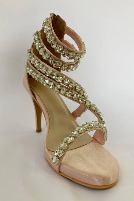 Ciel Pink Satin Topaz Jewel Embellished Cross Strap Heels