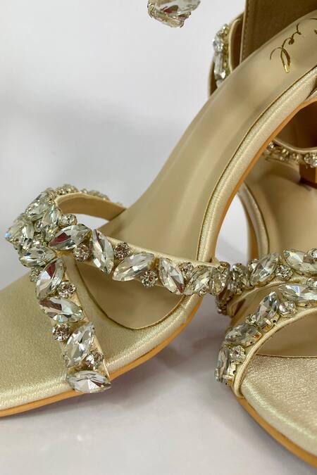 Buy Ciel Cream Satin Citrine Embellished Strap Heels Online Aza