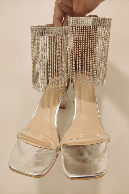 Silver Embellished Faux Leather Heels Design by CAI at Pernia's Pop Up Shop  2024