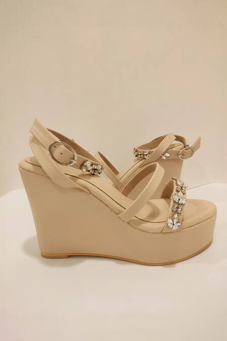 Ciel_Beige Crystals Irish Embellished Wedges _Online_at_Aza_Fashions