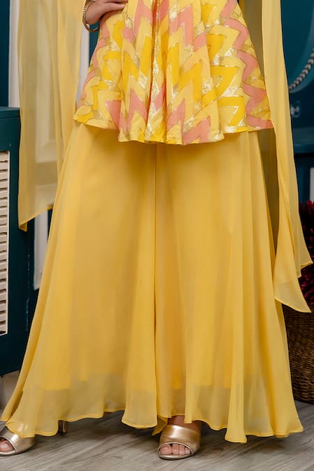 Buy_Kohsh_Yellow Georgette Embroidered Sequin Chevron Peplum Kurti With Palazzo  _Online_at_Aza_Fashions