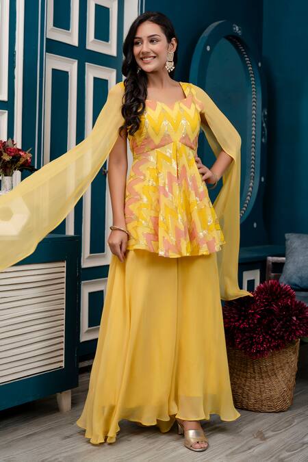 Shop_Kohsh_Yellow Georgette Embroidered Sequin Chevron Peplum Kurti With Palazzo  _Online_at_Aza_Fashions