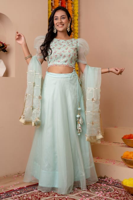 Kohsh Green Organza Embroidered Gota Round Solid Lehenga Set With Printed Blouse Online at Aza Fashions Kohsh_Green Organza Embroidered Gota Round Solid Lehenga Set With Printed Blouse_Online_at_Aza_Fashions